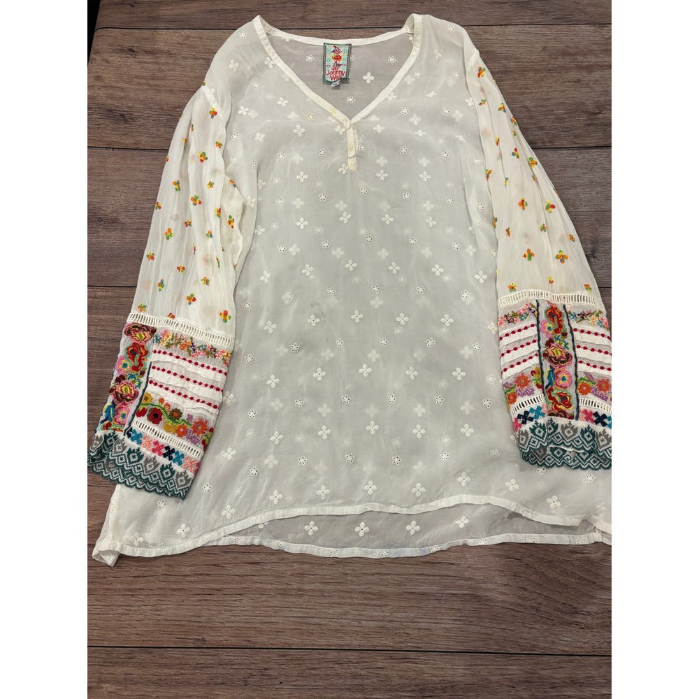 Johnny Was Womens XXL White Eyelet Embroidered Sleeve Tunic Top Boho Sheer Flaw